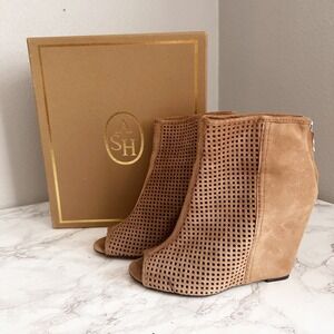 Ash June Taupe Perforated Suede Open Toe Wedge Bootie Womens Size 37.5